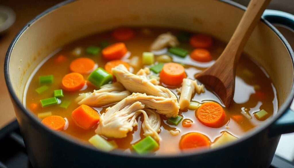 Chicken broth simmering with shredded chicken, carrots, celery, onion, and garlic inside a Dutch oven, bubbling gently with a wooden spoon stirring the hearty stew.