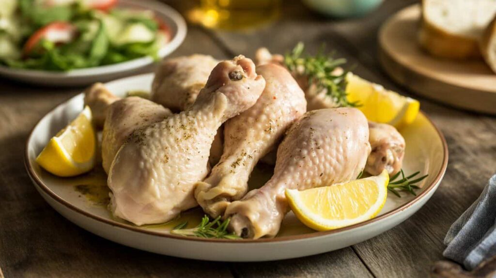Plated brined chicken drumsticks served with lemon wedges and herbs on a white dish, ready to eat with side dishes in the background.