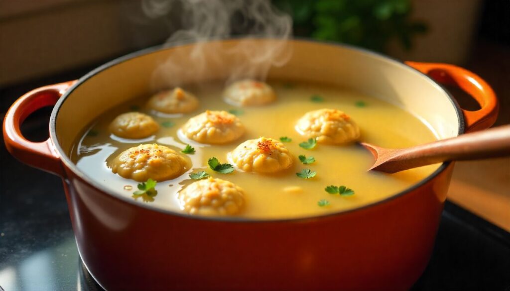 Creamy chicken broth simmering in a Dutch oven with fluffy dumplings and shredded chicken, steam rising while cooking a Cracker Barrel chicken and dumplings copycat recipe.
