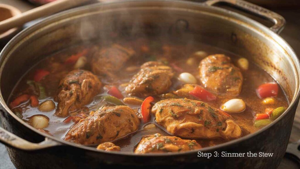 A pot of simmering chicken stew with peppers, onions, and herbs, labeled "Step 3: Simmer the Stew."