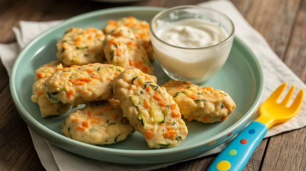 “Healthy veggie-infused chicken nuggets on a toddler plate with yogurt dip, made with chicken, carrots, and zucchini.”