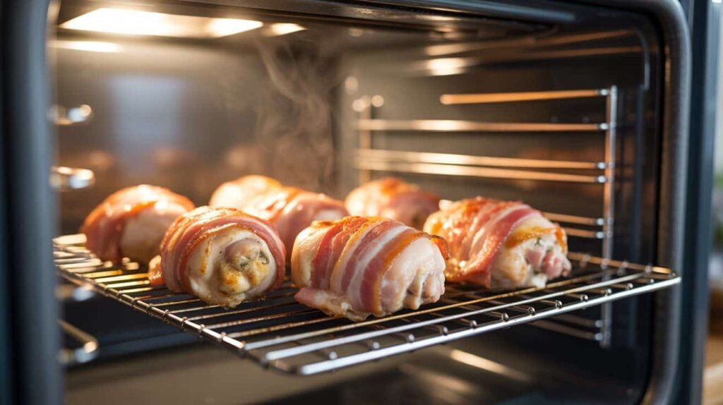 “Bacon-wrapped chicken thighs baking on a wire rack inside oven, crispy golden bacon starting to brown with rendered fat below.”