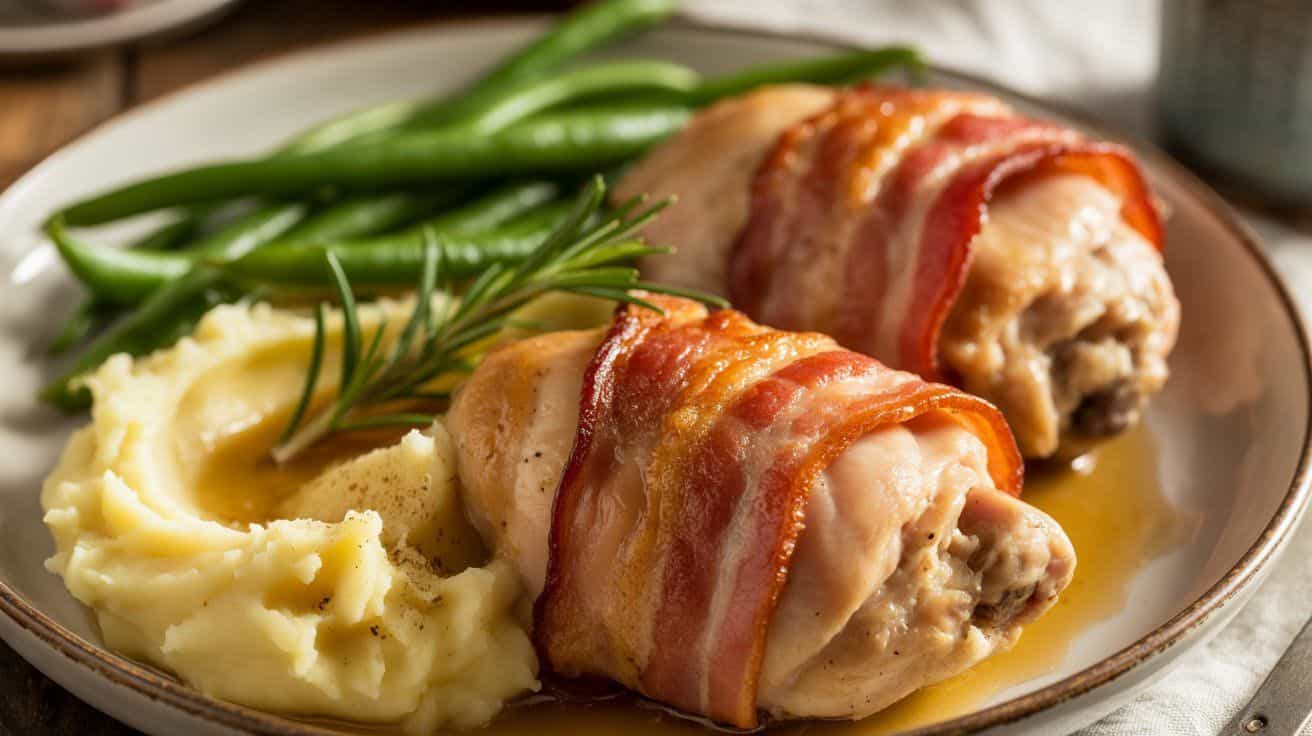 “Juicy chicken thigh bacon recipe served with mashed potatoes and green beans, crispy bacon-wrapped chicken thighs on a white plate with rosemary garnish.”