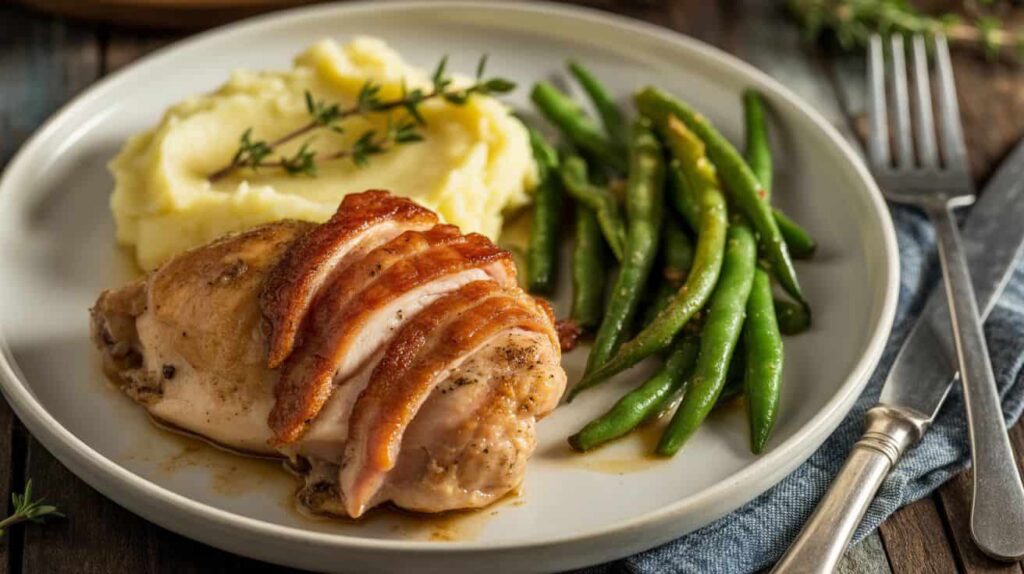“Plated bacon-wrapped chicken thighs with crispy bacon, mashed potatoes, and green beans garnished with thyme and black pepper.”