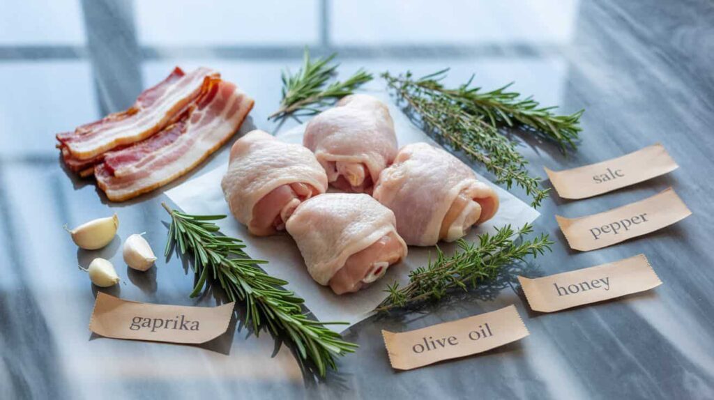 “Flat lay of ingredients for bacon-wrapped chicken thigh recipe including chicken thighs, bacon strips, garlic, paprika, honey, and herbs on a wooden surface.”