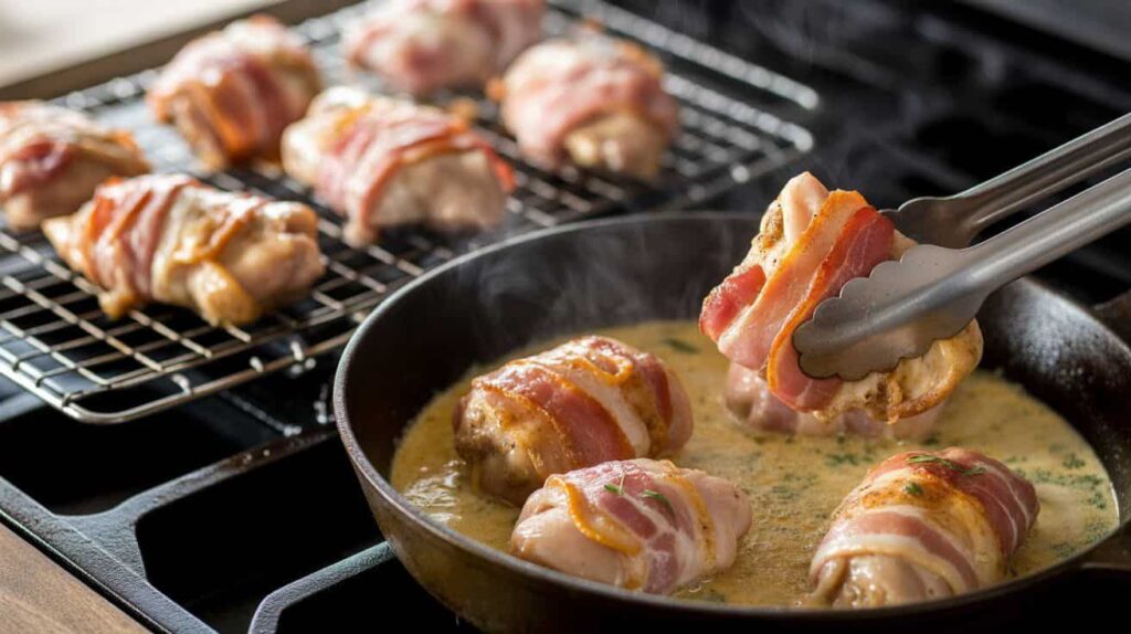 “Chicken thighs wrapped in bacon sizzling in a black cast iron skillet with golden brown edges and steam rising.”