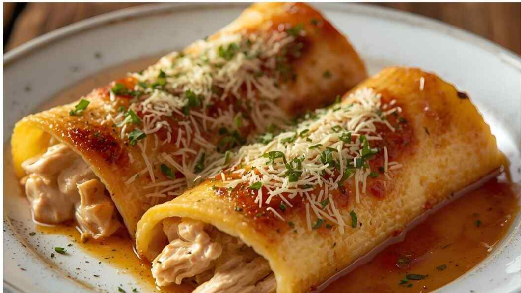 “Creamy baked chicken cannelloni topped with cheese and parsley served with garlic bread and white wine.”