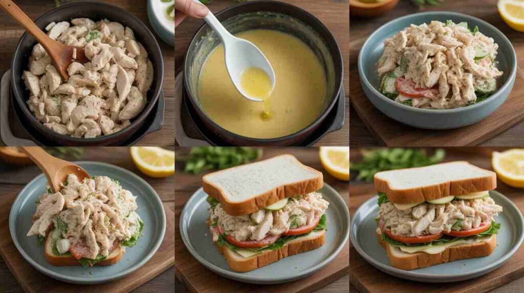 Full cooking process of Amish chicken salad with chicken boiling, shredding, mixing, and serving in farmhouse kitchen