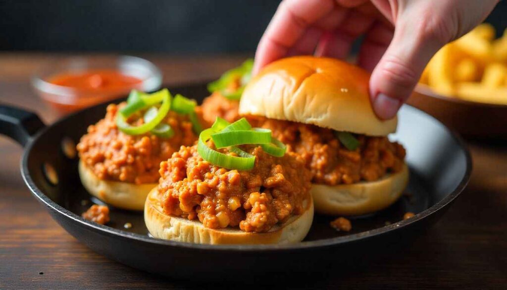 Chef assembling Cajun chicken sloppy joes with saucy ground chicken and toppings on toasted buns.