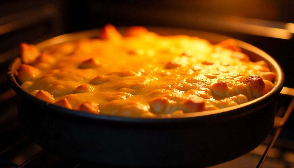 “Chicken cornbread casserole baking in the oven with golden topping rising and cheese melting.”