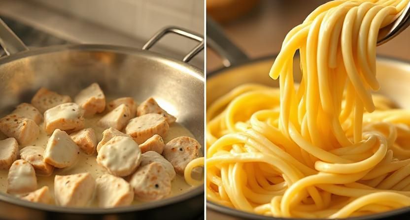 Plated Bertolli chicken alfredo pasta topped with Parmesan and parsley served with garlic bread and salad on the side
