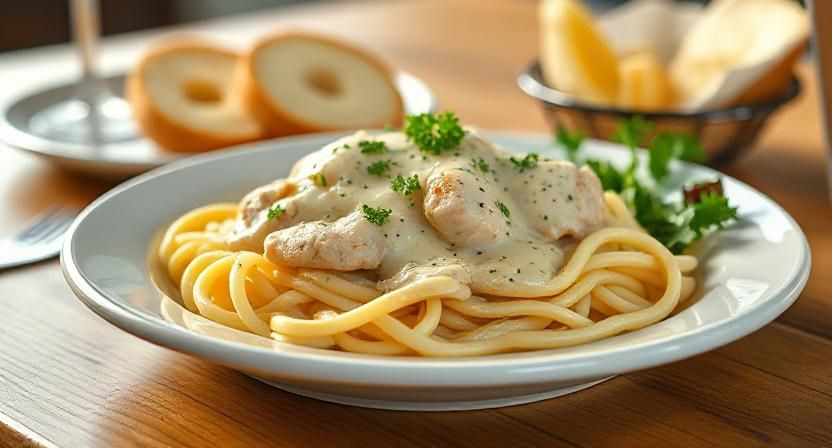 Plated Bertolli chicken alfredo pasta topped with Parmesan and parsley served with garlic bread and salad on the side