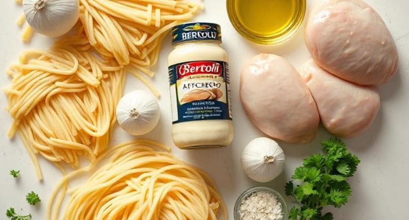 : Flat lay of ingredients for Bertolli chicken alfredo including pasta, Bertolli Alfredo sauce, chicken breasts, garlic, Parmesan, and parsley