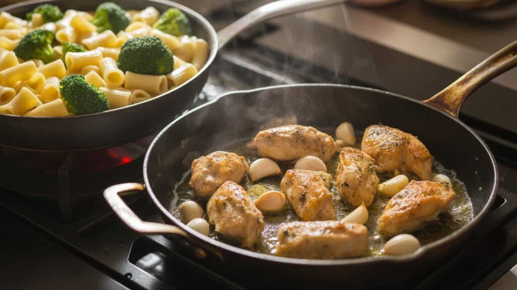 Cooking of Bertucci’s rigatoni broccoli and chicken recipe with garlic cream sauce in a skillet.