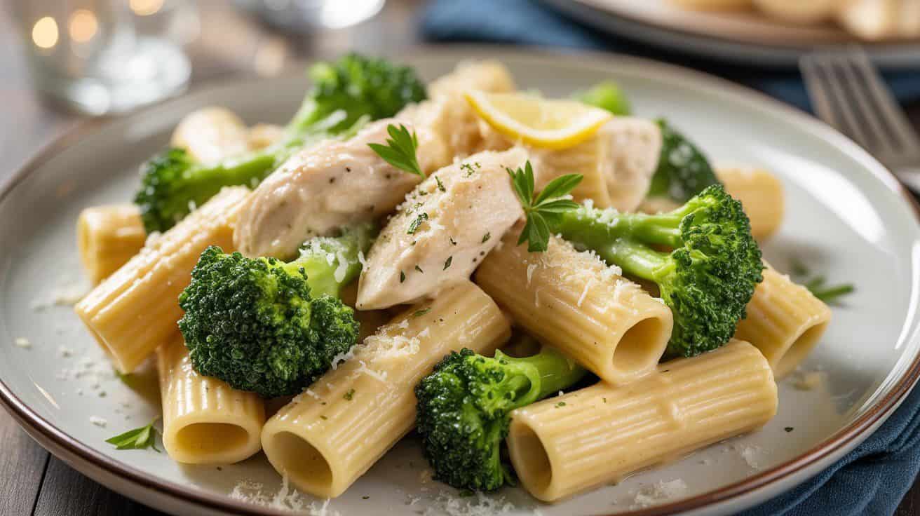 Bertucci’s rigatoni with broccoli and chicken served in creamy white wine sauce on a rustic wooden table.