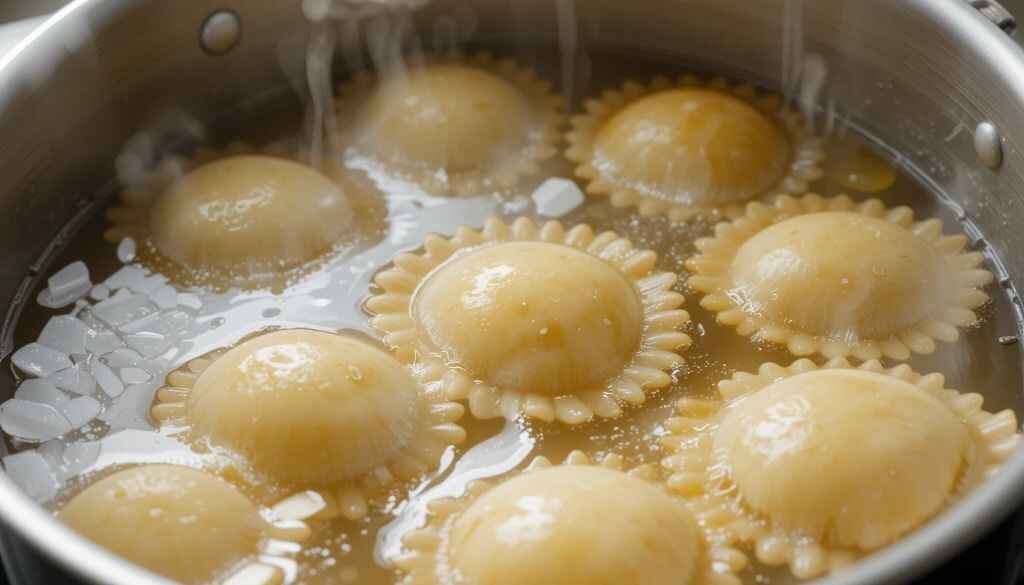 Fresh chicken ravioli boiling in salted water in a stainless steel pot