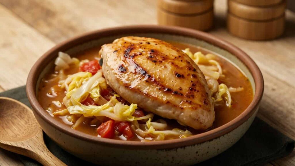 “Braised chicken breast with cabbage in tomato broth served in a rustic bowl for a hearty homemade meal.”