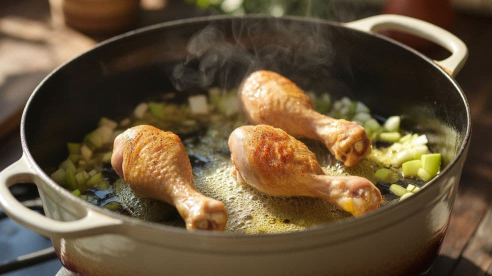 “Chicken drumsticks browning in a Dutch oven during braising process.”