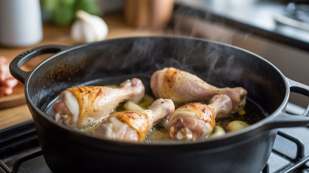 “Chicken drumsticks browning in a Dutch oven during braising process.”