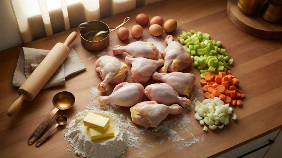 “Ingredients for braised chicken drumsticks including soy sauce, garlic, ginger, and herbs.”