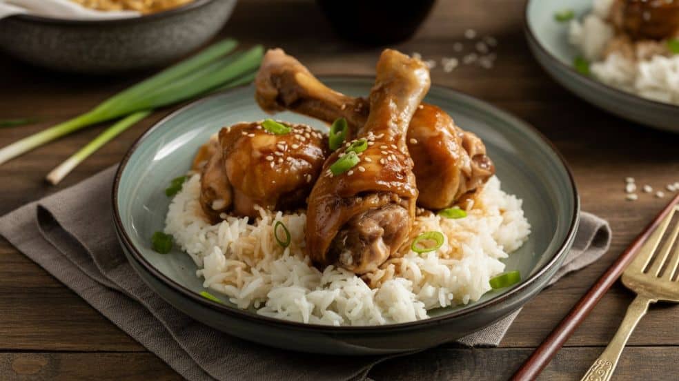“Glazed braised chicken drumsticks served with rice and sesame garnish.”