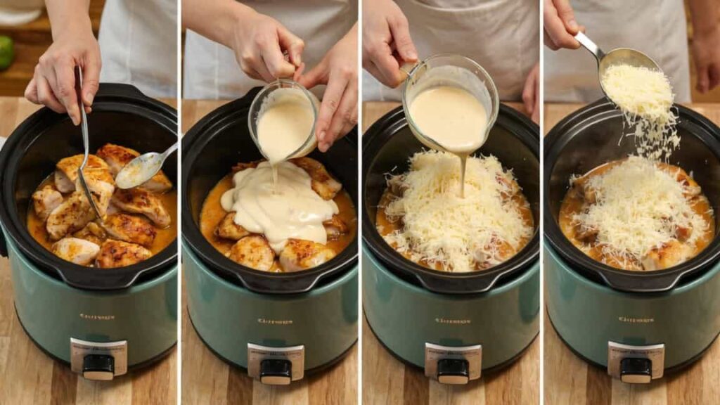 Step-by-step cooking process showing chicken, sauce mixture, and melted cheese in slow cooker