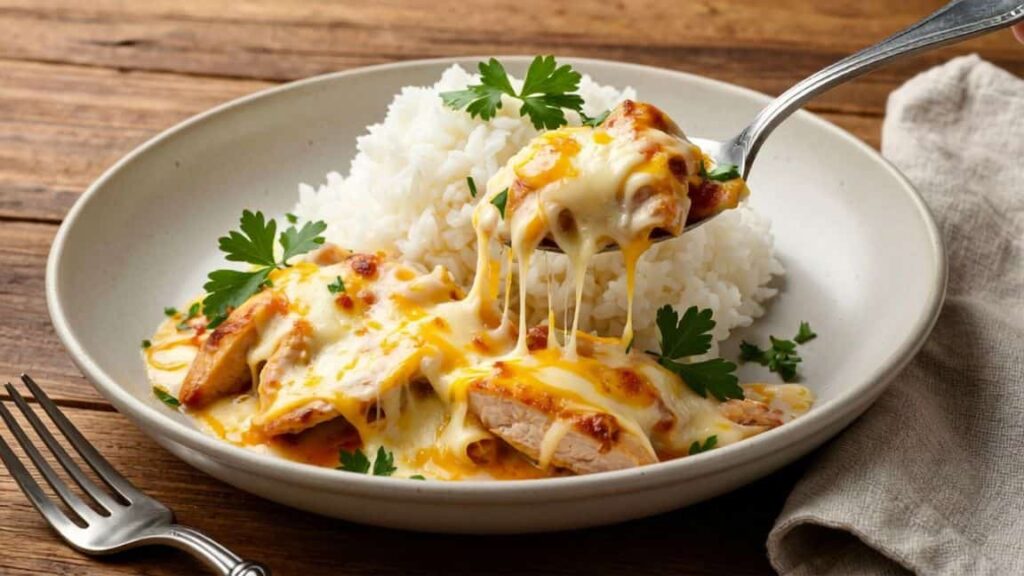 Final cheesy chicken crock pot served on plate with rice and parsley garnish
