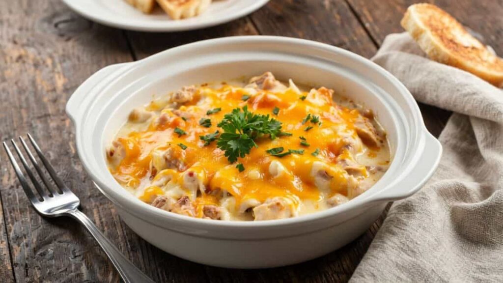 Final cheesy chicken crock pot served on plate with rice and parsley garnish