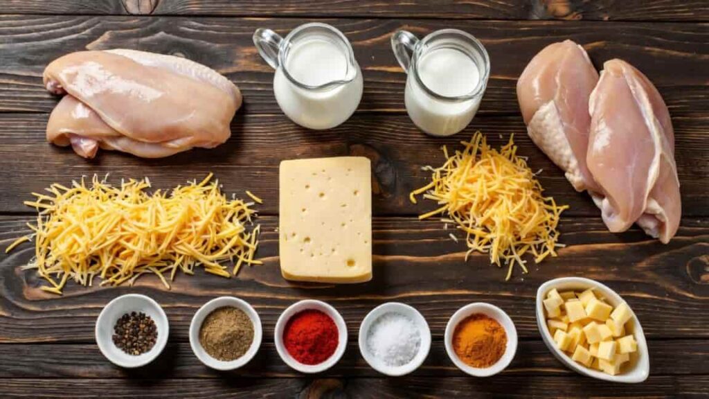 Ingredients for cheesy chicken crock pot recipe laid out on a table including chicken breasts, cream cheese, cheddar, and cream soup