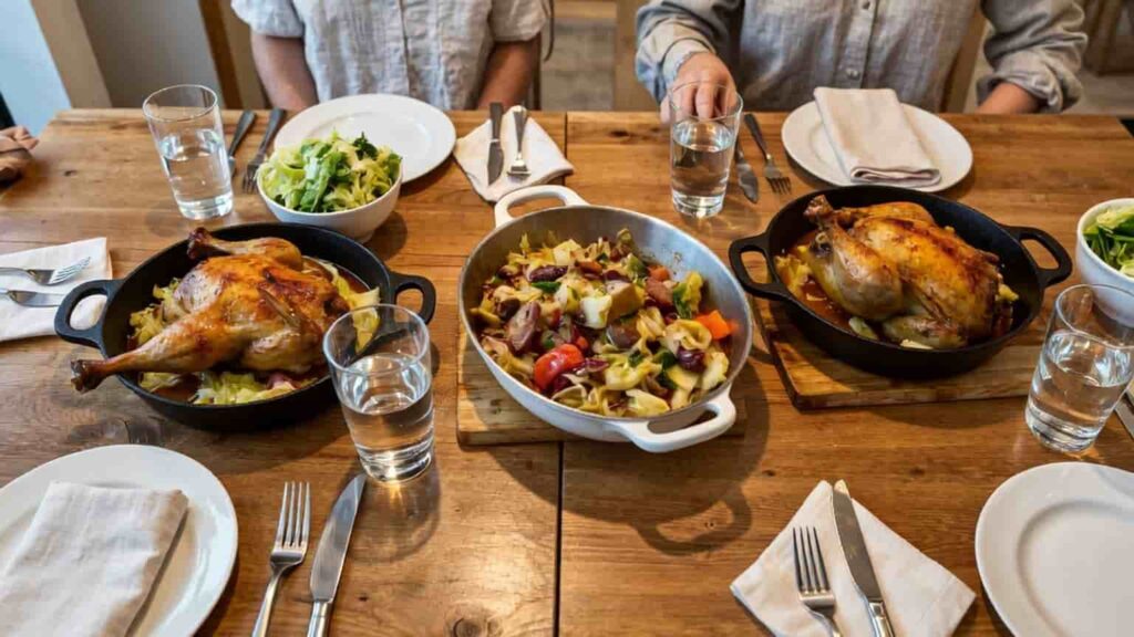 “Family dinner table featuring three chicken and cabbage dishes served in a warm, inviting setting.”