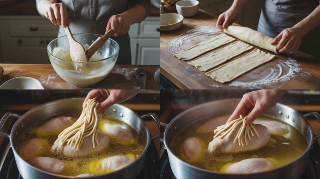Step-by-step cooking process of chicken and pastry recipe showing dough preparation, pastry cutting, and simmering chicken in broth.