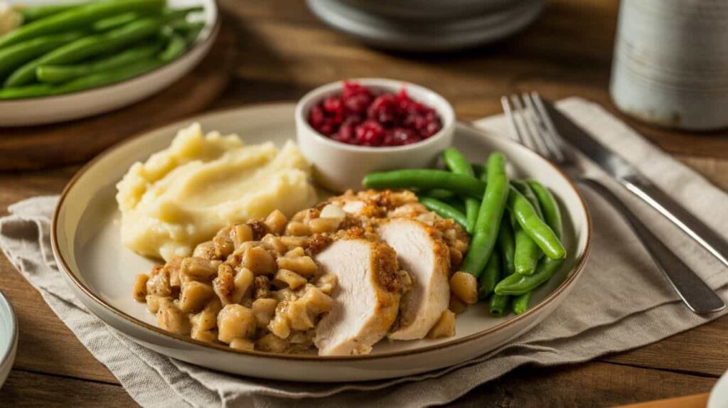 “Plated serving of crockpot chicken and stuffing with mashed potatoes and green beans.”