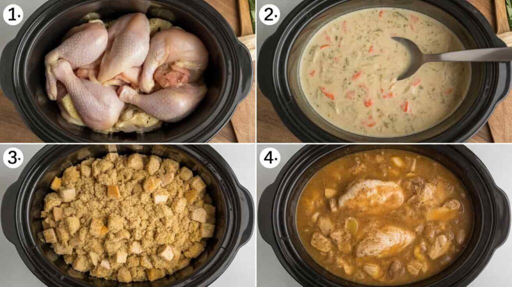 “Step-by-step process of making chicken and stuffing in a crockpot, from raw to cooked.”