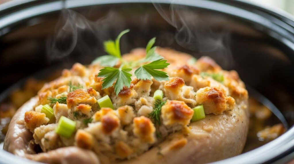 “Close-up of golden, fluffy stuffing on top of slow cooker chicken.”