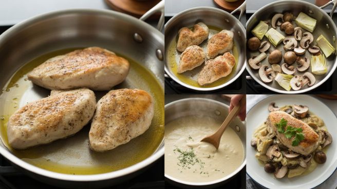 Step-by-step cooking process of chicken artichoke mushroom recipe showing searing chicken, sautéing vegetables, making creamy sauce, and plating