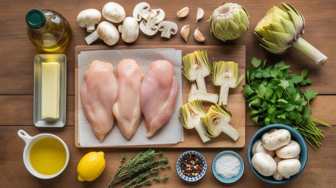 Flat lay of ingredients for chicken artichoke mushroom recipe including chicken breasts, mushrooms, artichoke hearts, garlic, herbs, and olive oil