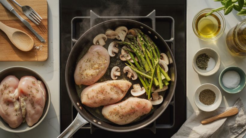 “Adding sliced mushrooms and asparagus to pan with seared chicken for one-pan recipe”