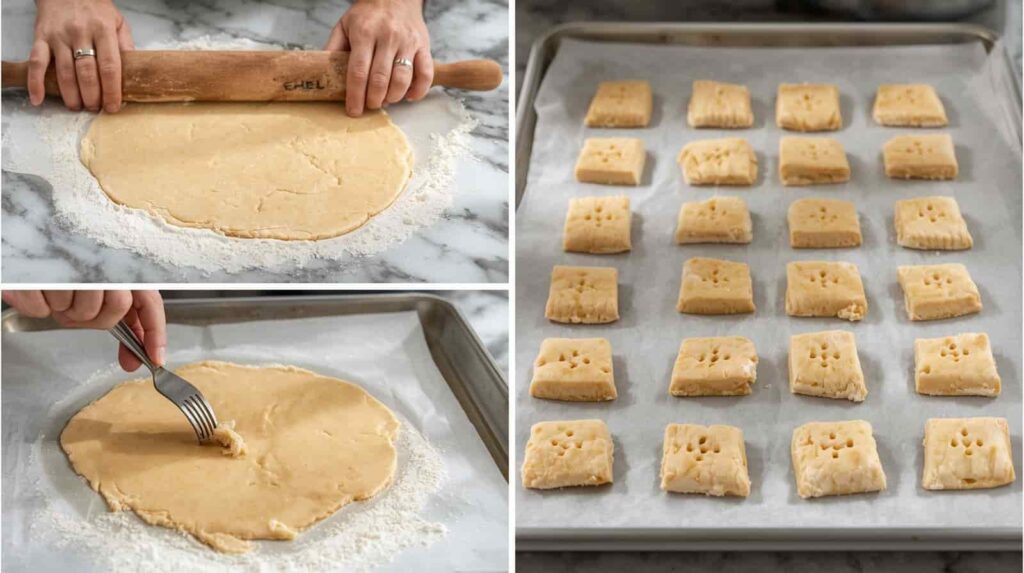 "Rolling, cutting, and pricking dough before baking — step-by-step cooking process of homemade chicken biscuit crackers."