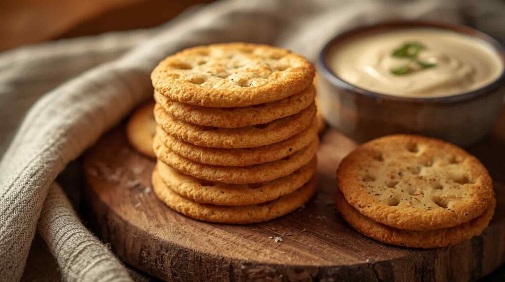 "Final serving of homemade chicken biscuit crackers in a bowl with ranch dip on the side — crispy, golden, and ready to serve."