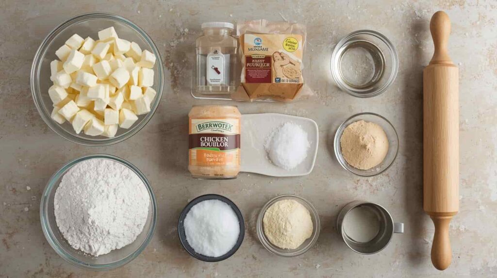 "Top view of chicken biscuit cracker ingredients including flour, butter, bouillon, and spices arranged neatly on a kitchen surface."