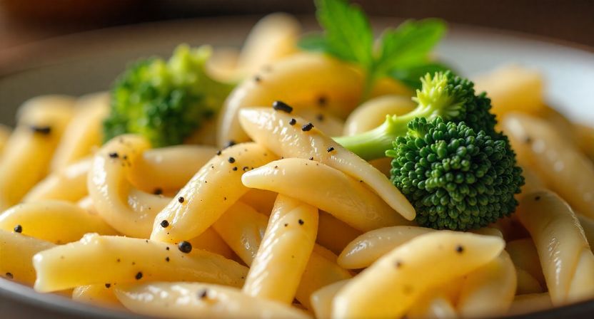 “Close-up of creamy chicken broccoli ziti pasta with melted Parmesan.”