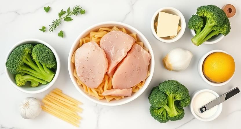 “Ingredients for chicken broccoli ziti recipe including pasta, chicken, broccoli, garlic, and Parmesan.”