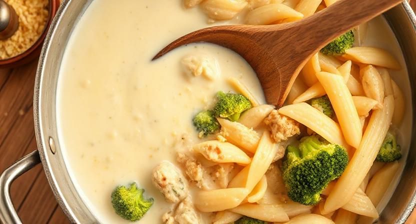 “Ziti pasta mixed with chicken, broccoli, and creamy sauce in skillet.Garlic Parmesan cream sauce for chicken broccoli ziti cooking on stovetop.”