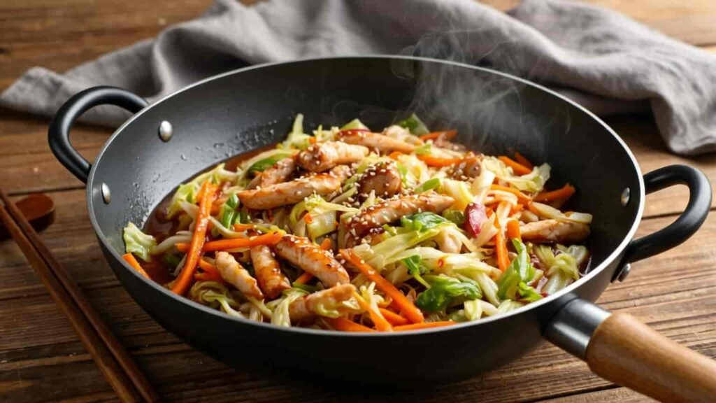 “Healthy chicken and cabbage stir fry with carrots, sesame seeds, and soy sauce glaze served in a wok.”