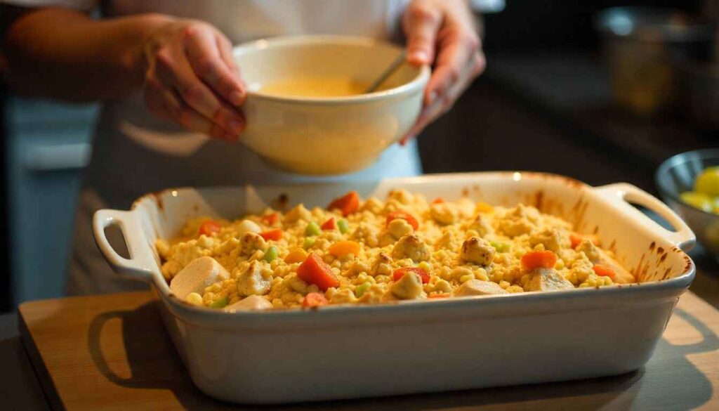 Plated serving of chicken casserole with Pepperidge Farm stuffing topping and side salad.