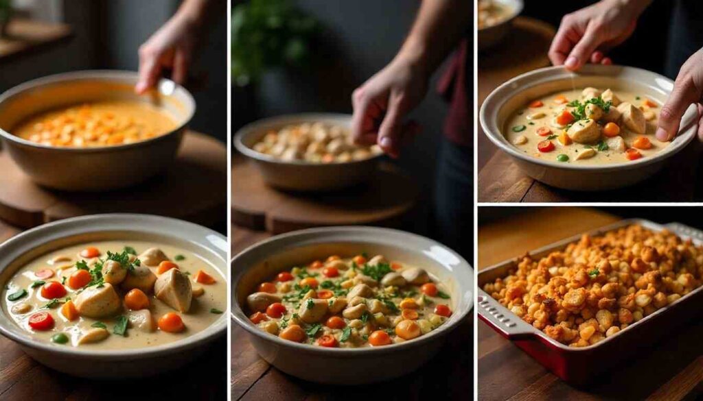 Step-by-step process of making chicken casserole with Pepperidge Farm stuffing.chicken casserole with Pepperidge Farm stuffing topping and side salad.