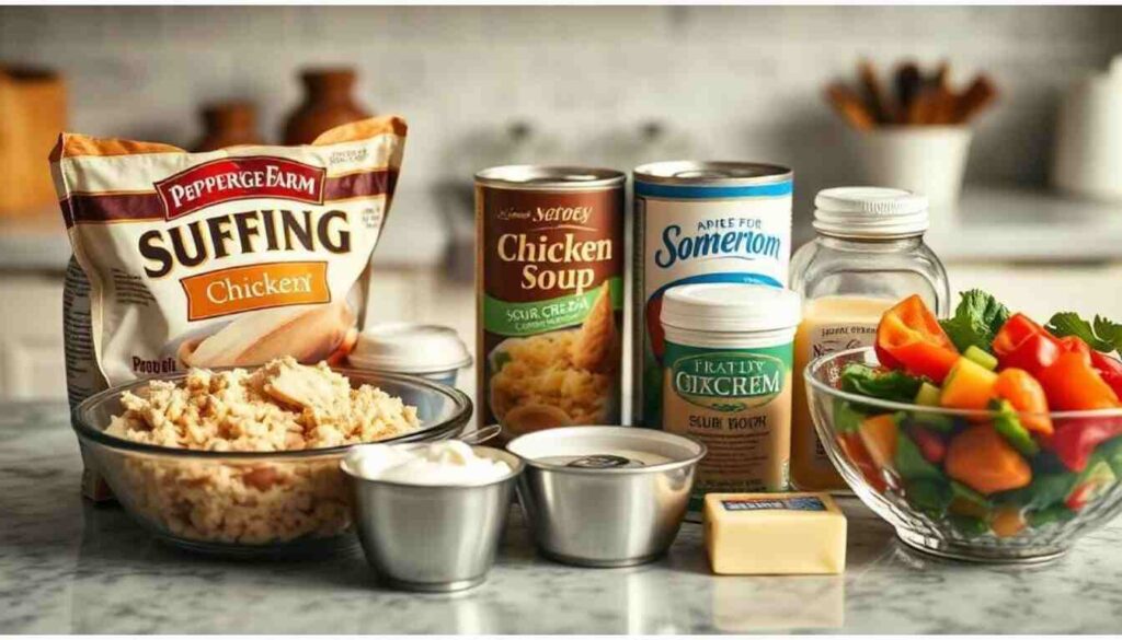 Ingredients for chicken casserole with Pepperidge Farm stuffing, chicken, soup, vegetables, and butter.