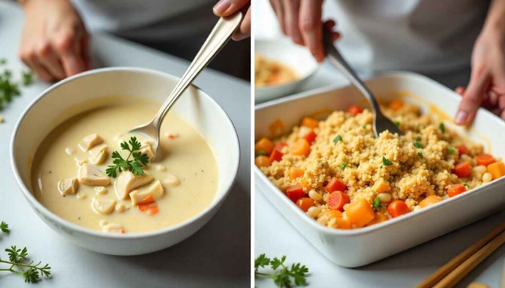 Step-by-step process of making chicken casserole with Pepperidge Farm stuffing.