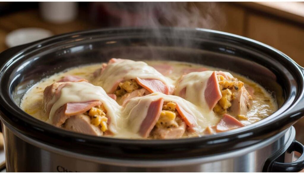 Crock pot chicken cordon bleu cooking with creamy sauce and golden stuffing topping.