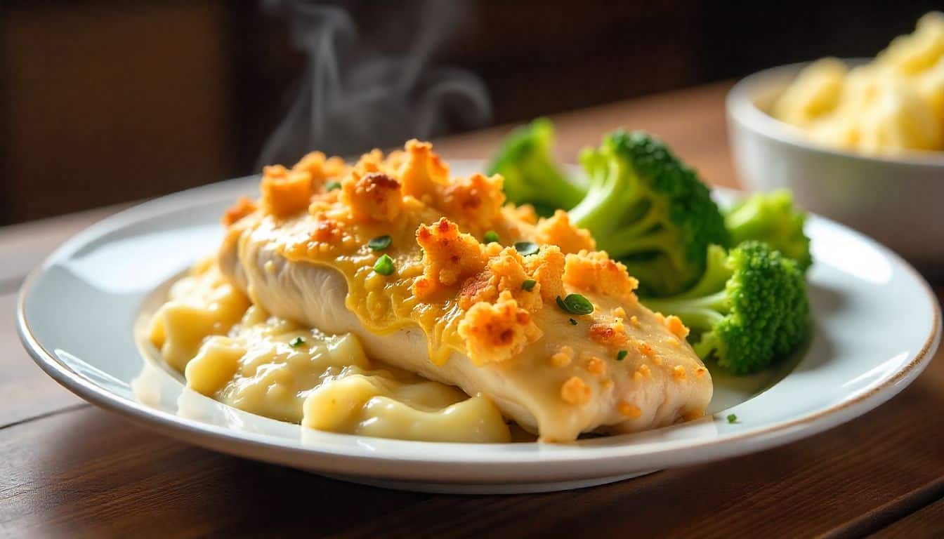 Creamy chicken cordon bleu crock pot recipe served with mashed potatoes and broccoli on a rustic table.